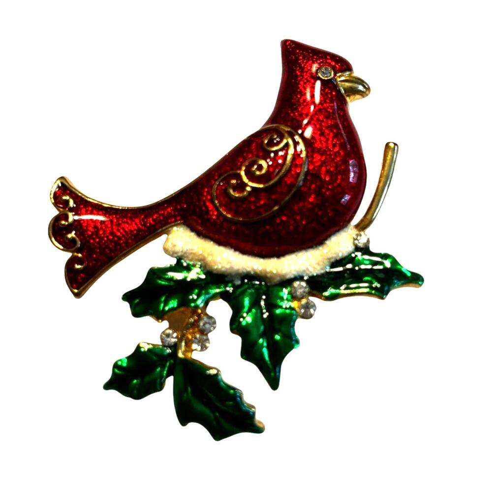 Vintage Christmas brooch festive red enamel Cardinal holiday pin KC hallmark